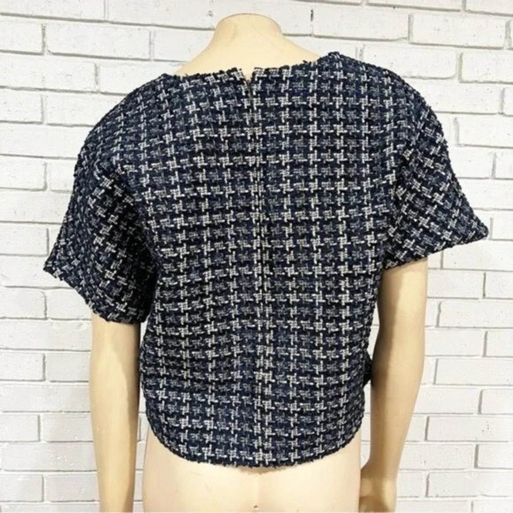 J.Crew Cropped Cap Sleeve Tweed Top Metallic Houndstooth Lined Chic Work Size 14